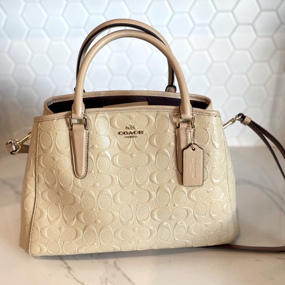 NWOT Coach Signature Platinum Patent Leather Small Margot Embossed Satchel - Picture 4 of 15